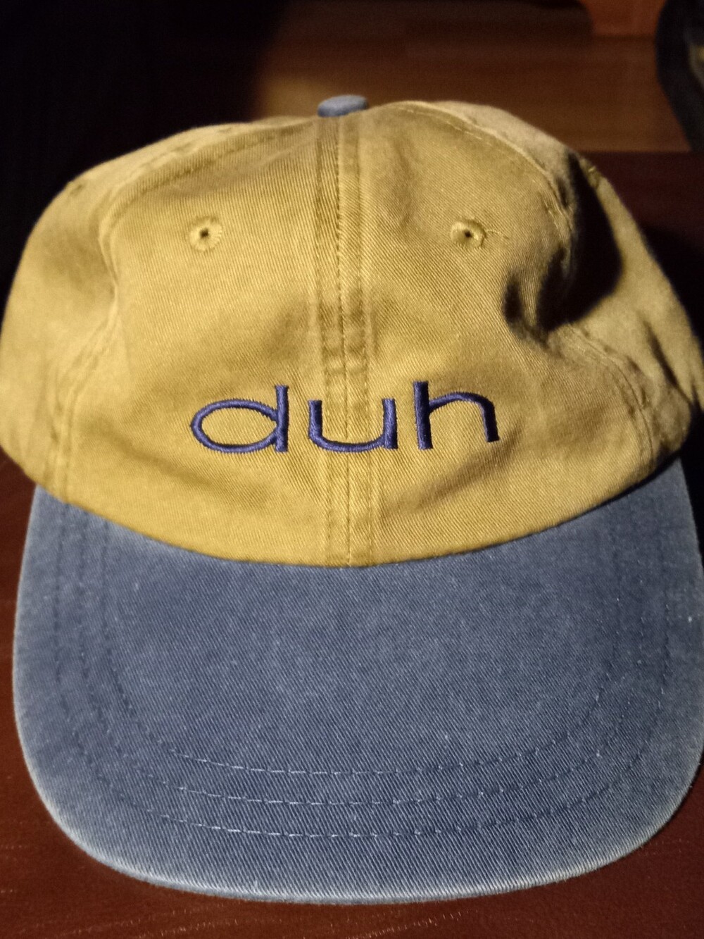 'duh' Embroidered Two-Tone Cotton Baseball Cap - Blue Brim, Khaki Crown